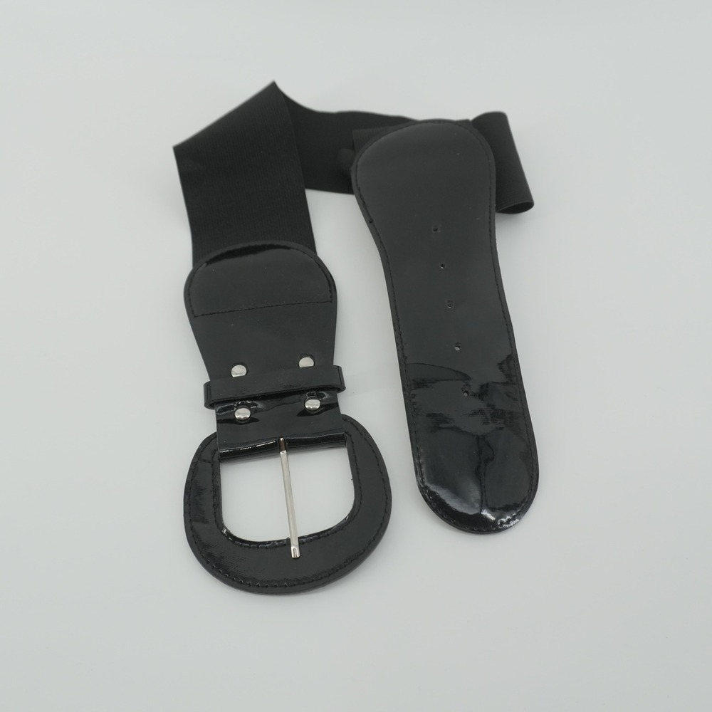 Cinch Belt Womens M Black Patent Elastic Wide Buckle Retro Style